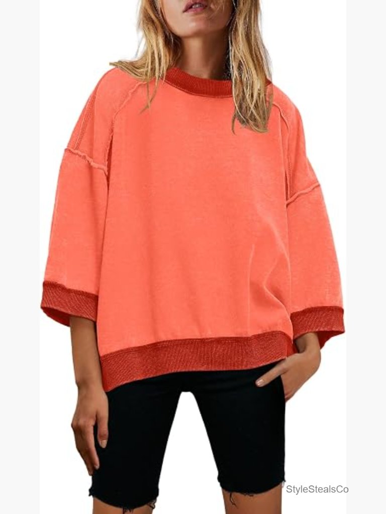 Oversized Short Sleeve Sweatshirt Women Crewneck 3/4 Sleeve Color Block